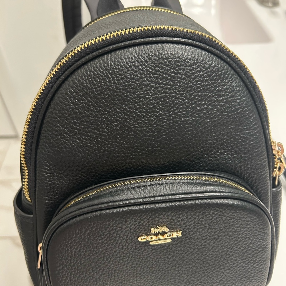 Coach Black Pebbled Leather Mini Backpack with Gold Zippers